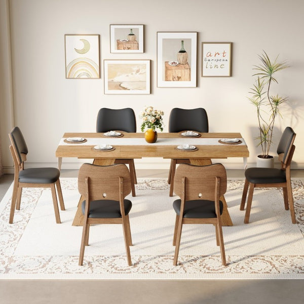 English Elm Table and Chair Set Rectangular MDF Top with Six Walnut Solid Wood Upholstered Seats Light Wood Grain Black W1151S05000