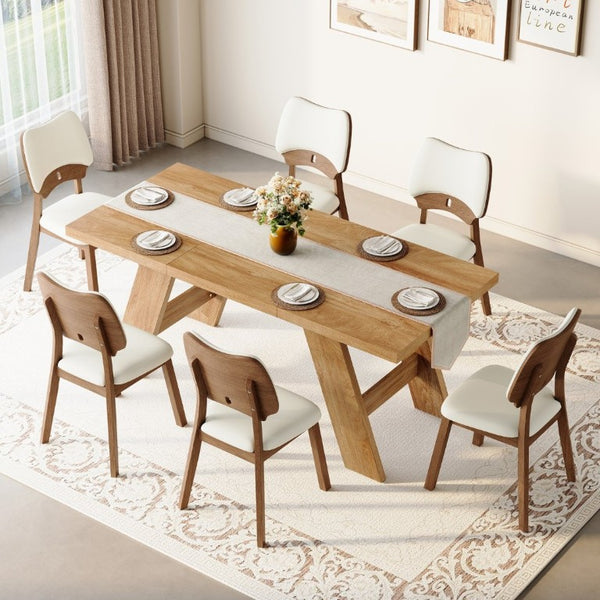 English Elm Table and Chair Set Rectangular MDF Top with Six Walnut Solid Wood Upholstered Seats Light Wood Grain White W1151S05002