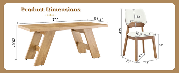 English Elm Table and Chair Set Rectangular MDF Top with Six Walnut Solid Wood Upholstered Seats Light Wood Grain White W1151S05002