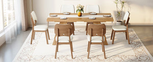 English Elm Table and Chair Set Rectangular MDF Top with Six Walnut Solid Wood Upholstered Seats Light Wood Grain White W1151S05002