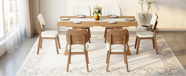 English Elm Table and Chair Set Rectangular MDF Top with Six Walnut Solid Wood Upholstered Seats Light Wood Grain White W1151S05002