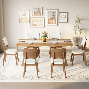 English Elm Table and Chair Set Rectangular MDF Top with Six Walnut Solid Wood Upholstered Seats Light Wood Grain White W1151S05002