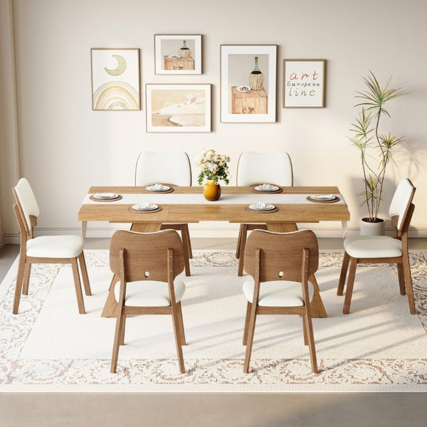 English Elm Table and Chair Set Rectangular MDF Top with Six Walnut Solid Wood Upholstered Seats Light Wood Grain White W1151S05002