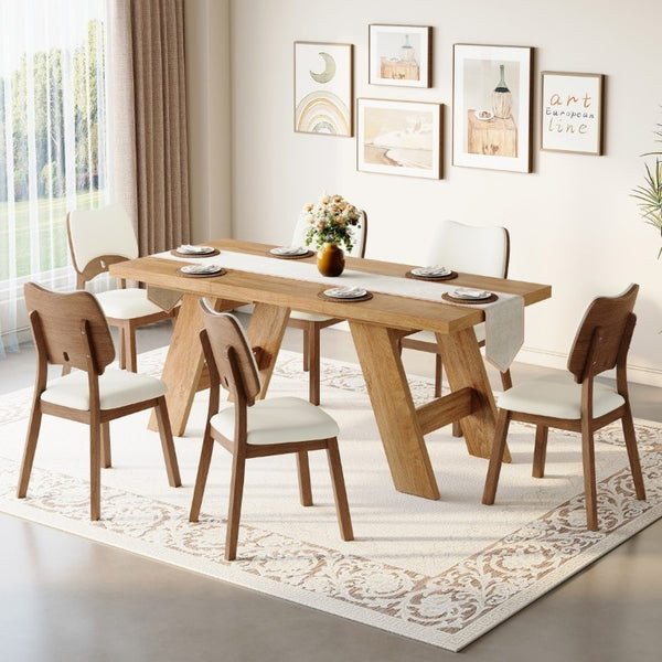 English Elm Table and Chair Set Rectangular MDF Top with Six Walnut Solid Wood Upholstered Seats Light Wood Grain White W1151S05002
