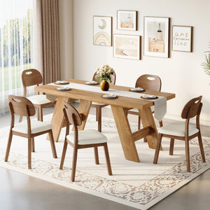 English Elm Table and Chair Set 7 Piece MDF Dining with V-Base Geometric Chairs White PU Seats Light Wood W1151S05008