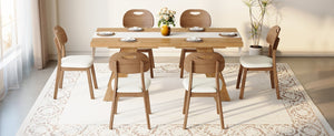 English Elm Table and Chair Set 7 Piece MDF Dining with V-Base Geometric Chairs White PU Seats Light Wood W1151S05008