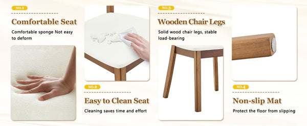 English Elm Table and Chair Set 7 Piece MDF Dining with V-Base Geometric Chairs White PU Seats Light Wood W1151S05008