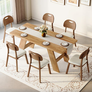 English Elm Table and Chair Set 7 Piece MDF Dining with V-Base Geometric Chairs White PU Seats Light Wood W1151S05008