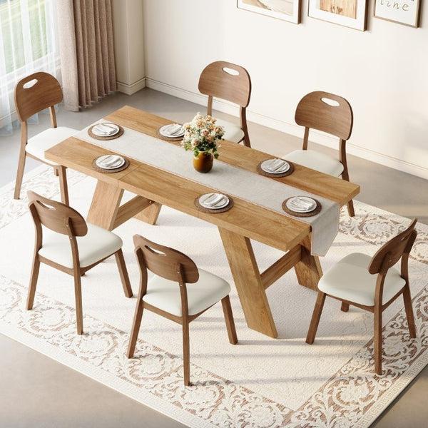 English Elm Table and Chair Set 7 Piece MDF Dining with V-Base Geometric Chairs White PU Seats Light Wood W1151S05008