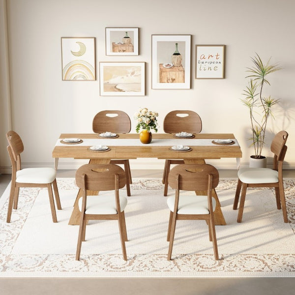 English Elm Table and Chair Set 7 Piece MDF Dining with V-Base Geometric Chairs White PU Seats Light Wood W1151S05008