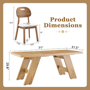 English Elm Table and Chair Set 7 Piece MDF Dining with V-Base Geometric Chairs White PU Seats Light Wood W1151S05008