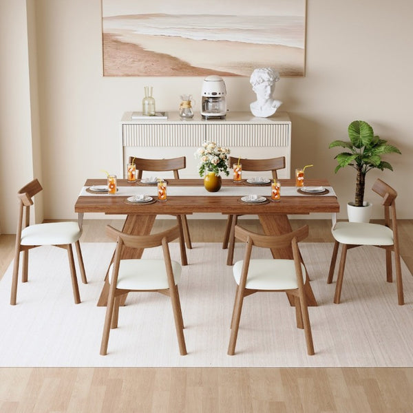 English Elm Table and Chair Set Rectangular MDF Dining Six Solid Wood Seats Curved Ergonomic Walnut Wood Grain W1151S05014