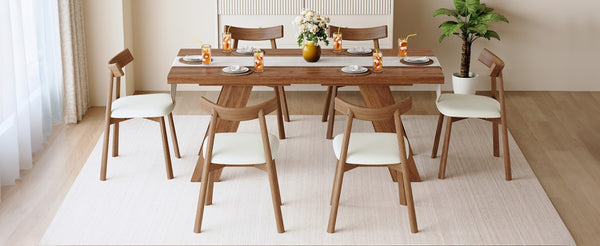 English Elm Table and Chair Set Rectangular MDF Dining Six Solid Wood Seats Curved Ergonomic Walnut Wood Grain W1151S05014