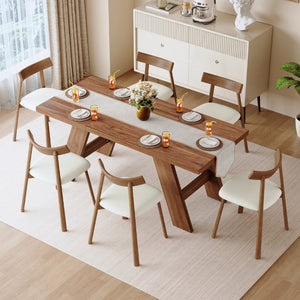 English Elm Table and Chair Set Rectangular MDF Dining Six Solid Wood Seats Curved Ergonomic Walnut Wood Grain W1151S05014