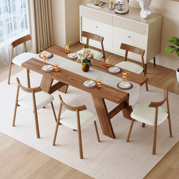 English Elm Table and Chair Set Rectangular MDF Dining Six Solid Wood Seats Curved Ergonomic Walnut Wood Grain W1151S05014