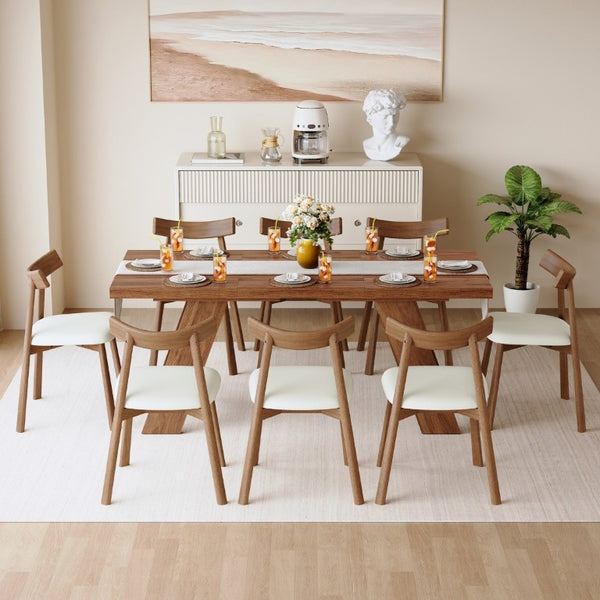 English Elm Table and Chair Set Rectangular MDF Top with Eight Solid Wood Ergonomic Dining Seats Walnut Wood Grain W1151S05015