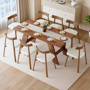 English Elm Table and Chair Set Rectangular MDF Top with Eight Solid Wood Ergonomic Dining Seats Walnut Wood Grain W1151S05015