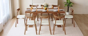 English Elm Table and Chair Set Rectangular MDF Top with Eight Solid Wood Ergonomic Dining Seats Walnut Wood Grain W1151S05015