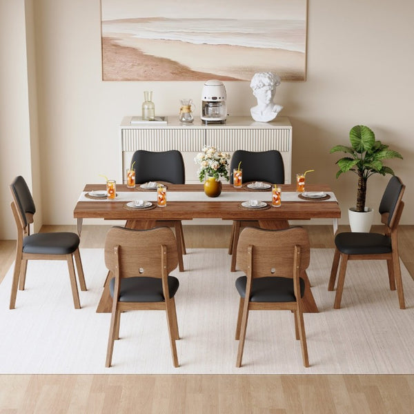 English Elm Table and Chair Set Rectangular MDF Top with Six Walnut Solid Wood Upholstered Seats Walnut Wood Grain Black W1151S05018