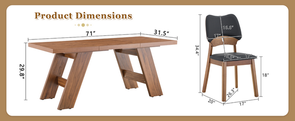 English Elm Table and Chair Set Rectangular MDF Top with Six Walnut Solid Wood Upholstered Seats Walnut Wood Grain Black W1151S05018
