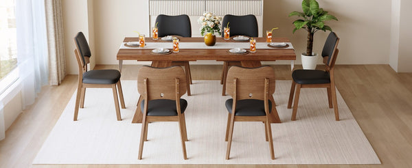 English Elm Table and Chair Set Rectangular MDF Top with Six Walnut Solid Wood Upholstered Seats Walnut Wood Grain Black W1151S05018