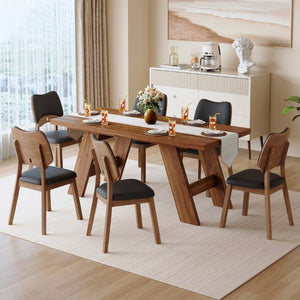 English Elm Table and Chair Set Rectangular MDF Top with Six Walnut Solid Wood Upholstered Seats Walnut Wood Grain Black W1151S05018