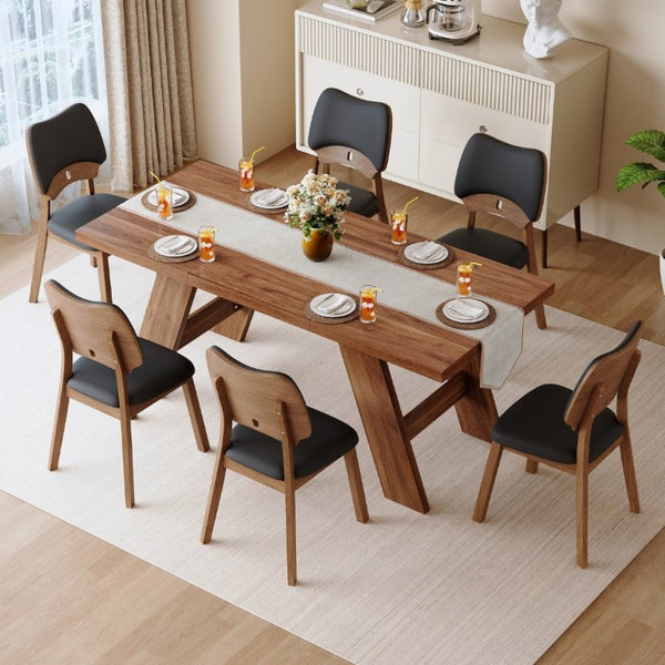 English Elm Table and Chair Set Rectangular MDF Top with Six Walnut Solid Wood Upholstered Seats Walnut Wood Grain Black W1151S05018