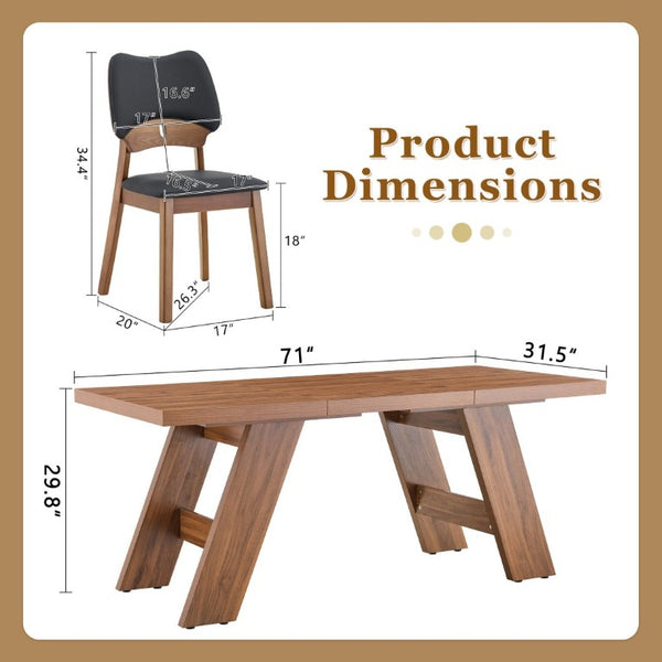 English Elm Table and Chair Set Rectangular MDF Top with Six Walnut Solid Wood Upholstered Seats Walnut Wood Grain Black W1151S05018