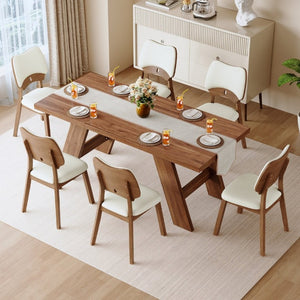 English Elm Table and Chair Set Rectangular MDF Top with Six Walnut Solid Wood Upholstered Seats Walnut Wood Grain White W1151S05020