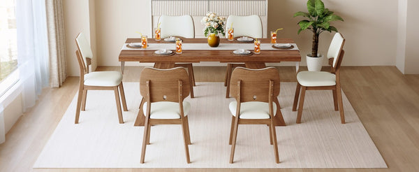English Elm Table and Chair Set Rectangular MDF Top with Six Walnut Solid Wood Upholstered Seats Walnut Wood Grain White W1151S05020