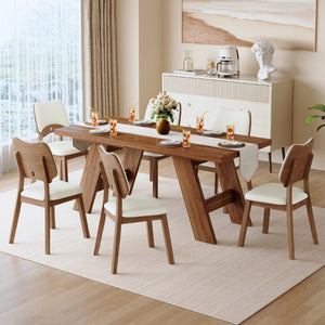 English Elm Table and Chair Set Rectangular MDF Top with Six Walnut Solid Wood Upholstered Seats Walnut Wood Grain White W1151S05020