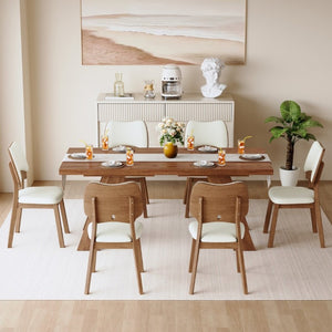 English Elm Table and Chair Set Rectangular MDF Top with Six Walnut Solid Wood Upholstered Seats Walnut Wood Grain White W1151S05020