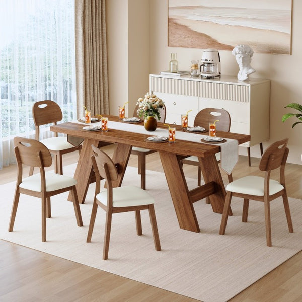 English Elm Table and Chair Set 7 Piece MDF Dining with V-Base Geometric Chairs White PU Seats Walnut W1151S05026