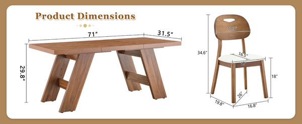 English Elm Table and Chair Set 7 Piece MDF Dining with V-Base Geometric Chairs White PU Seats Walnut W1151S05026
