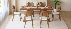 English Elm Table and Chair Set 7 Piece MDF Dining with V-Base Geometric Chairs White PU Seats Walnut W1151S05026