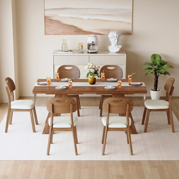English Elm Table and Chair Set 7 Piece MDF Dining with V-Base Geometric Chairs White PU Seats Walnut W1151S05026