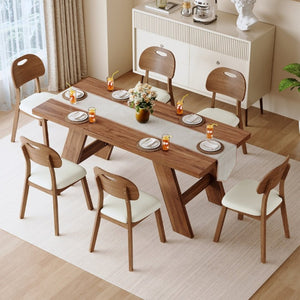 English Elm Table and Chair Set 7 Piece MDF Dining with V-Base Geometric Chairs White PU Seats Walnut W1151S05026