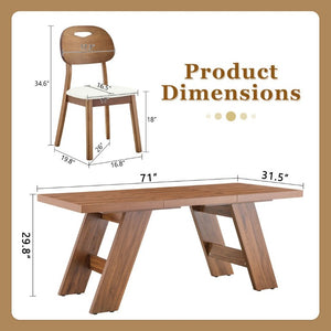 English Elm Table and Chair Set 7 Piece MDF Dining with V-Base Geometric Chairs White PU Seats Walnut W1151S05026