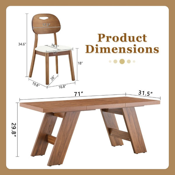 English Elm Table and Chair Set 7 Piece MDF Dining with V-Base Geometric Chairs White PU Seats Walnut W1151S05026