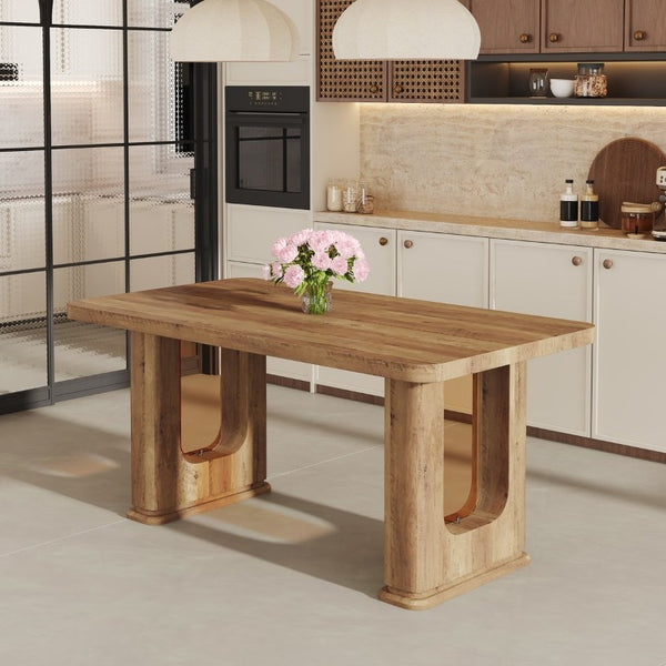 English Elm 64.5 Inch Rectangular Dining Table with Glass Panel U-Legs and Warm Grain MDF Top Wood W1151S05031