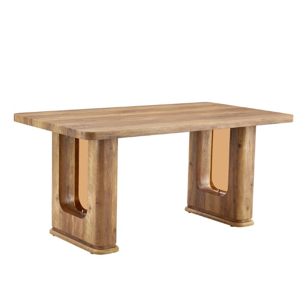 English Elm 64.5 Inch Rectangular Dining Table with Glass Panel U-Legs and Warm Grain MDF Top Wood W1151S05031