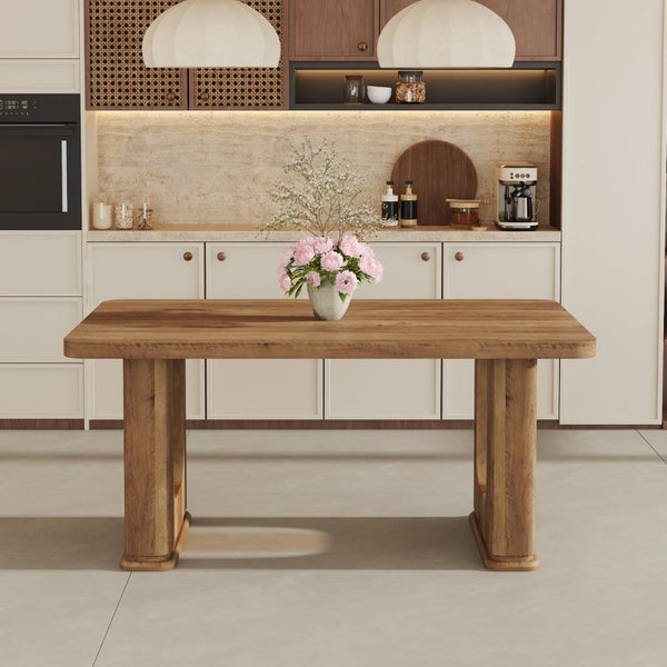 English Elm 64.5 Inch Rectangular Dining Table with Glass Panel U-Legs and Warm Grain MDF Top Wood W1151S05031