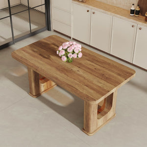 English Elm 64.5 Inch Rectangular Dining Table with Glass Panel U-Legs and Warm Grain MDF Top Wood W1151S05031