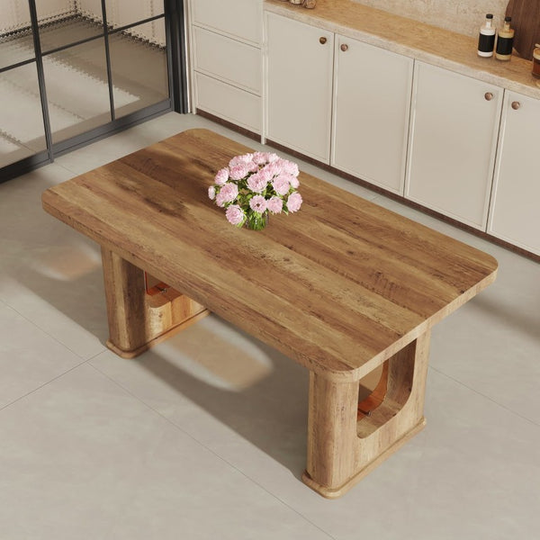English Elm 64.5 Inch Rectangular Dining Table with Glass Panel U-Legs and Warm Grain MDF Top Wood W1151S05031