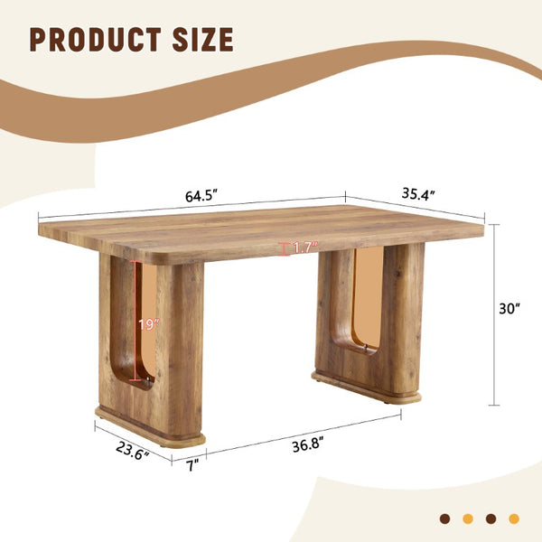 English Elm 64.5 Inch Rectangular Dining Table with Glass Panel U-Legs and Warm Grain MDF Top Wood W1151S05031