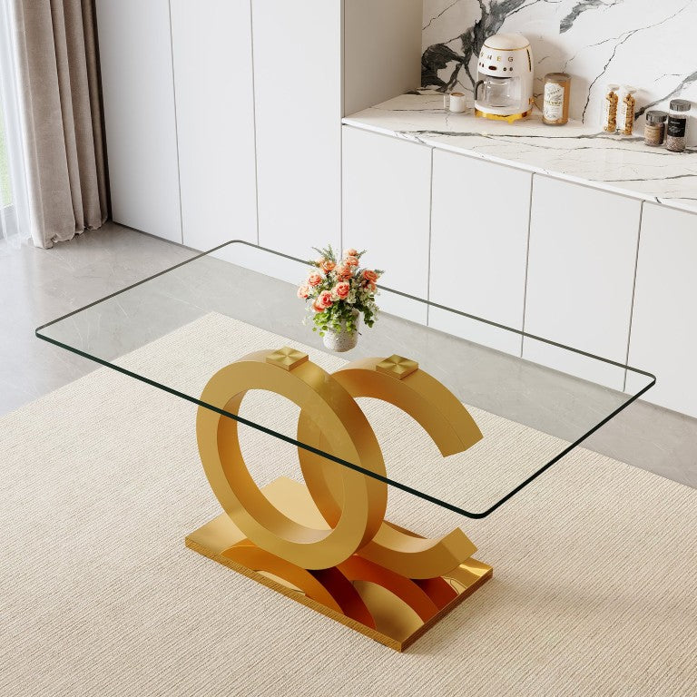 English Elm Large Rectangular Tempered Glass Dining Table Gold OC Base Seats Eight Modern W1151S05040