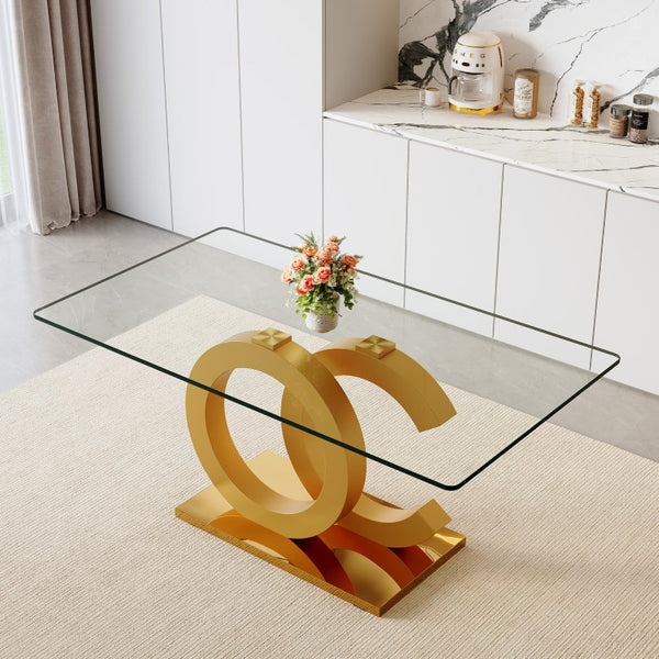 English Elm Large Rectangular Tempered Glass Dining Table Gold OC Base Seats Eight Modern W1151S05040
