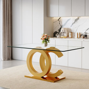English Elm Large Rectangular Tempered Glass Dining Table Gold OC Base Seats Eight Modern W1151S05040