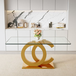 English Elm Large Rectangular Tempered Glass Dining Table Gold OC Base Seats Eight Modern W1151S05040