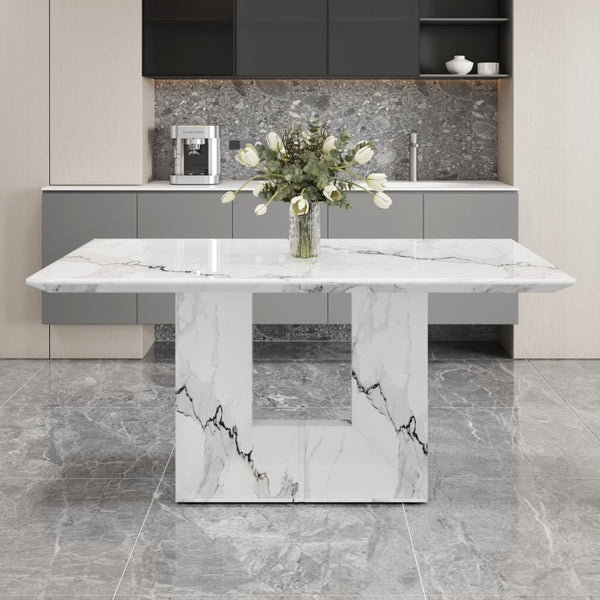 English Elm A Marble Patterned Rectangular Dining Table Seating Six with Stable O-Shaped Legs W1151S05041